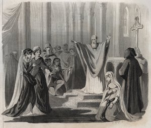 Saint Dunstan (ca. 909-988), bishop of Canterbury, Benedictine and reformer of monastic life in England, announcing his impending death to the people. Engraving from 1846 in 