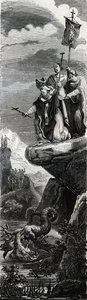 Saint Front (first evangelizer of the Perigord) precipitating the dragon in the Dordogne - Engraving of 1846 in 