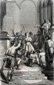 Saturnin of Toulouse (Saint Sernin, first Christian bishop of Toulouse) halted at the capitol of Toulouse - Engraving of 1846 in 