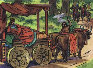 Scene depicting the lazy kings: King of France Thierry III (673-691) carries in a tank with a bed pulled by oxen. Anonymous illustration in 