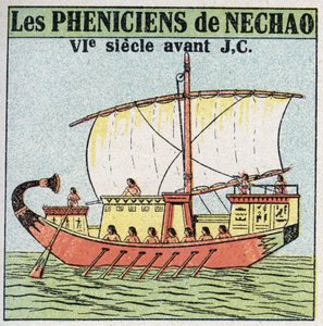 Ships and Ships: Phoenician Sailors in the Service of Pharaoh Necho in the 7th Century BC. Anonymous illustration from 1925. Private Collection by Anonymous Anonymous