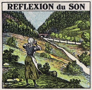 Sound energy: reflection of sound by echo phenomenon. Anonymous illustration from 1925. Private collection. by Anonymous Anonymous