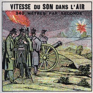 Sound energy: speed of sound in the air. Experiment of 1822 by Louis-Joseph Gay-Lussac (1778-1850) and Francois Arago (1786-1853) who fired a series of cannon shots between Montlhery and Villejuif. Anonymous illustration from 1925. by Anonymous Anonymous