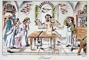 Surgical error: a satirical sticker representing the risks incurred by patients who are delivered to the hands of bad doctors, an example of an arm transplant instead of the leg. Engraving of the 19th century by Anonymous Anonymous