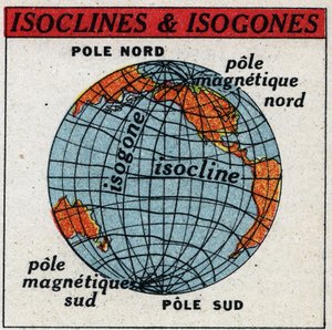 Terrestrial magnetism: magnetic map showing isoclins and isogones. Anonymous illustration from 1925. Private collection. by Anonymous Anonymous