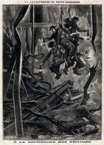 The Couchoud well disaster: rescuers go to search for victims in one of the mines of the Peronniere at Grand Croix near Saint Etienne. Engraving from 