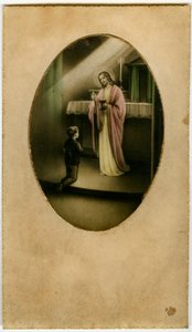 The Eucharist, Holy Communion, the Sacrament of the Altar: a child in front of Jesus (engraving) by Anonymous Anonymous