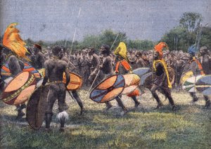 The Expedition of Former US President Theodore Roosevelt to Africa: Warrior Dance in Uganda. Engraving. One of the newspaper 