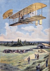 The Flying Men: the experiences of Wilbur Wright (1867-1912) above the Hunaudieres racetrack, near the town of Le Mans. Engraving from the newspaper Le Peute Parisien, on 30/08/1908. Private collection