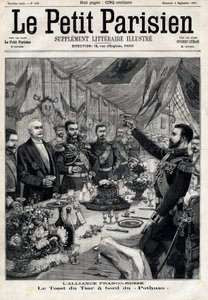 The Franco-Russian alliance: the toast of Tsar Nicholas II (1868-1918) in honor of the French president Felix Faure (1841-1899) aboard the Pothau. In Le Petit Parisien on 5/09/1897 by Anonymous Anonymous