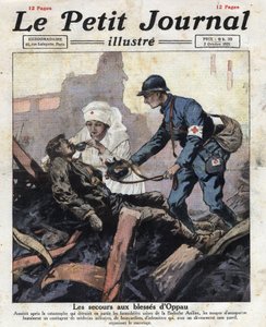 The Oppau chemical disaster: the explosion of a factory in Badische Aniline due to a silo used to store ammonium sulphate in Germany on 21 September. Red Cross doctors and nurses coming to the rescue of the wounded. Illustration taken from 