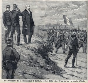 The President of the Republic Felix Faure (1841-1899) visits Verdun (Meuse): the defile of the military school of the road of Etin. Engraving in 