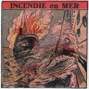 The T.S.F.: fire at sea. The T.S.F. is used by boats to call for help during a shipwreck. Anonymous illustration from 1925. Private collection. by Anonymous Anonymous