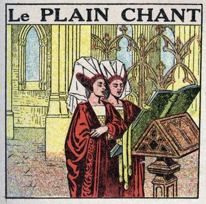 The art of sounds: the plain song of the Middle Ages. Anonymous illustration of 1925. Private collection.