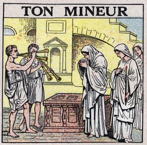 The Art of Sounds: Your Miner. Double Flute Players in a Street in Ancient Times (During a Funeral?). Anonymous illustration from 1925. Private Collection by Anonymous Anonymous
