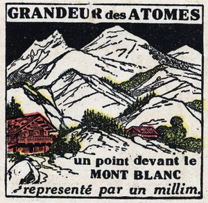 The atom and science: the size of atoms. A point in front of Mont Blanc represented by a millimetre. Anonymous illustration from 1925. Private collection. by Anonymous Anonymous