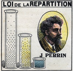 The atoms: law of distribution by Jean Perrin (1870-1942). Anonymous illustration from 1925. Private collection. by Anonymous Anonymous