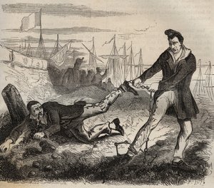 The biggest torment of the forcate is to be a mismate. Fight between two prisoners connected by the same chain. Bagne de Rochefort in the 19th century. Engraving in 
