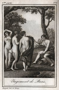 The judgment of Paris. The shepherd Paris must choose who he will give the golden apple to designate the most beautiful of the three goddesses, Athena, Aphrodite or Hera. Engraving from 1819 in Lettres a Emilie sur la mythologie by Charles Albert Demoustie by Anonymous Anonymous