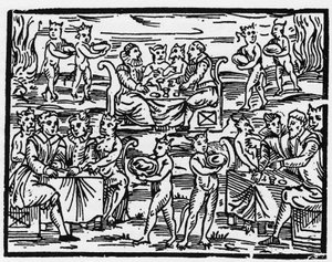 The meal of the witches on the Sabbath - Compendium Maleficarum, deals with the witches, their evil and their sortileges by Francesco Maria Guazzo or Guaccio or Guaccius (15?? -16??) 1608 Private Collection. by Anonymous Anonymous
