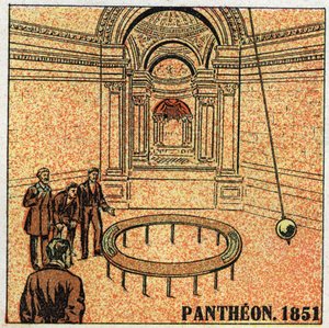 The pendulum: experiment of Leon Foucault (1819-1868) at the Pantheon in 1851 demonstrating the rotation of the Earth. Anonymous illustration from 1925. Private collection. by Anonymous Anonymous