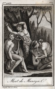 The Punishment or Death of Marsyas (The Punishment of Marsyas) is Punished for Having Defied Apollo to the Lyre and is Barred by the Archer in the Presence of King Midas and the Muses. Engraving from 1819 in 