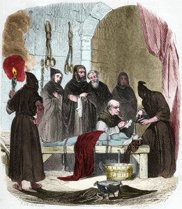 The question of water: Pedro de Arbues interrogates under torture a young woman who allegedly induced her sister to turn to Lutheranism. Tied by strings, water is poured into a cloth that is pushed into the bottom of the throat.