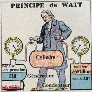 The steam machine: James Watt principle (1736-1819). Anonymous illustration from 1925. Private collection. by Anonymous Anonymous