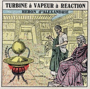 The steam machine: a reaction steam turbine. Eolipyle invented by the Greek Heron of Alexandria (or Heron The Elder) in the 1st century AD by Anonymous Anonymous