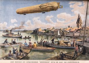 The tests of the Zeppelin airship on Lake Constance in Germany. Engraving from the newspaper Le Petit Parisien, on 2/08/1908. Private collection. by Anonymous Anonymous