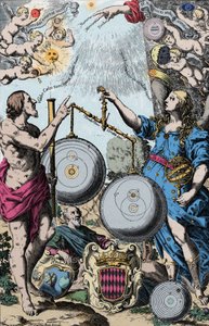 Urania, the Muse of Astronomy represented in front of Argus, holding a telescope. They weigh and compare the system of Copernicus and that of Jesuite Giovanni Riccioli inspired from that of Tycho Brahe by Anonymous Anonymous