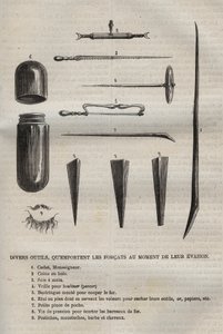 Various tools, which the convicts carry when they escape. Engraving in 