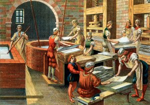 View of a paper manufacturing workshop in Fabriano in the 16th century, Italy. The different steps. Illustration
