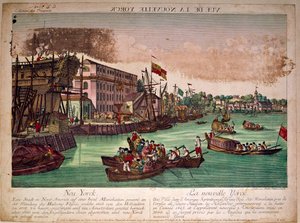 View of the port of the city of New York in the United States, on the left a shipyard. The mouth of the Hudson River and Manhattan Island