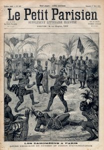 War Exercises: Amazons, warriors and feticheurs from Dahomey (now Benin) from the garden of acclimatization in Paris (Human Zoo). Engraving in 