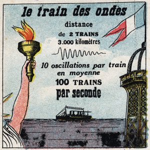 Wireless telegraphy: the train of the waves. Between Paris and New York, there are never more than two waves. Anonymous illustration from 1925. Private collection. by Anonymous Anonymous