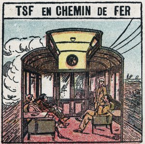 Wireless telephony: T.S.F. in a railway wagon. Anonymous illustration from 1925. Private collection. by Anonymous Anonymous
