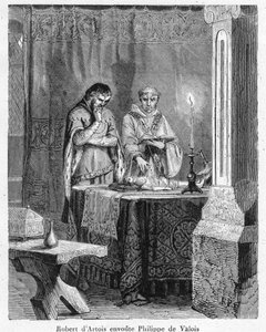 Witchcraft and black magic: The Lord Robert III of Artois enchanting John of Valois, son of King Philip VI, on a doll of wax in his image (voodoo)