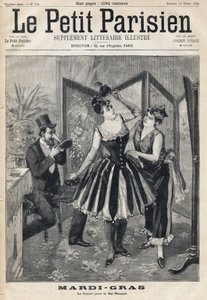 Women preparing their disguises behind a screen and a man trying his mask in the shape of an elephant tube for the Mask Ball of Mardi Gras. In Le Petit Parisien on 19/02/1893 by Anonymous Anonymous