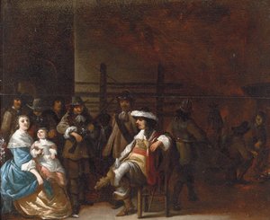 A guardroom interior with a cavalier conversing with a mother and child by Anthonie Palamedesz
