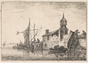Landing Place by a Building with a Tower by Anthonie Waterloo