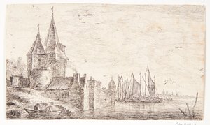 House with Two Pointed Towers at a Landing Place by Anthonie Waterloo