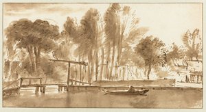 Wooded river landscape with drawbridge by Anthonie van Borssom (attributed to)