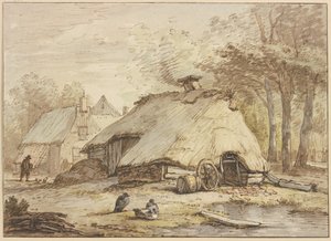 Three Huts beneath Trees, with Three Sitting Ducks in the Foreground by Anthonie van Borssom