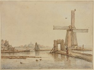 Windmill on a Narrow Dike, Three Ducks in the Foreground by Anthonie van Borssom
