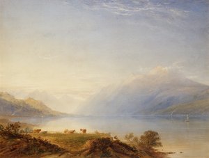 Cattle by a Lake with Mountains Beyond