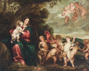 The Madonna and Child in a Landscape Greeted by the Infant Baptist and Angels by Anthony van (circle of) Dyck