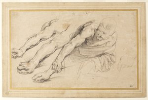 Figure of a man bending forward with the right arm outstretched; three studies of the right arm, and one of the left hand for the same figure