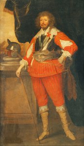 Portrait of a Nobleman, Said to be Henry Rich, 1st Earl of Holland, Full Length, Wearing a Breastplate, Sash and Sword, His Hand Resting on a Stick, a Helmet on a Plinth, Standing Before a Draped Colonnade