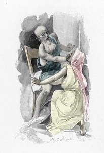 Odyssey by Homer: Odysseus, disguised as a beggar, swears Eurycleia who has recognized him, to secrecy. Illustration by Antoine Calbet